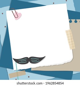 Fathers Day greeting card. Scrapbook composition with notes paper, tapes and moustache. Page for stories