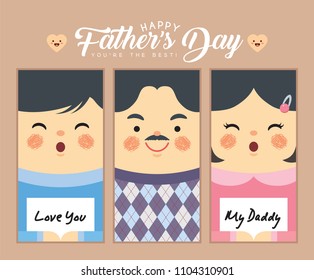 Father's Day greeting card. Set of cute cartoon father, son and daughter in flat vector design. Love you my daddy. 