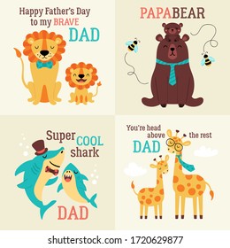 Father's day greeting card set with cute animals. Childish print for cards, stickers, apparel and nursery decoration