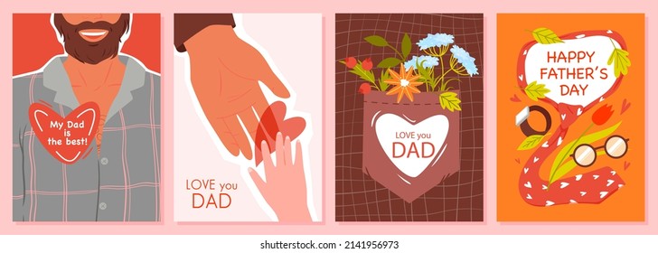 Fathers day greeting card set vector illustration. Cartoon creative cute poster design with congratulations text for special event celebration and best dad background. Fatherhood, family love concept