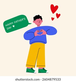 Father's Day greeting card with a smiling son making a heart gesture – minimalist and modern celebration illustration