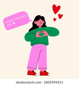 Father's Day greeting card with a smiling daughter making a heart gesture – minimalist and modern celebration illustration