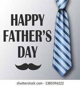 Fathers Day greeting card template with tie and mustache. Blue striped necktie with soft shadow. Realistic vector illustration