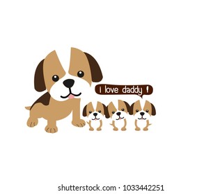 Father's day greeting card. Vector illustration. Cute little dog with their father.