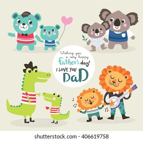 Father's day greeting card. Vector illustration. Cute little bear, alligator, koala bear and lion with their father.