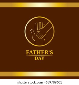 Fathers day greeting card. Vector design element. Hand of child lying on man's hand, symbol of love, safety and trust between dad and baby. Gold and brown colors