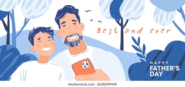 A Fathers Day greeting card or web banner featuring cute, fashionable hand-drawn illustration of dad and son taking a selfie together in the park and with Father's Day holiday wishes
