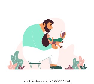 Fathers Day Greeting Card.Happy Father Daddy Read Book With His Girl Daughter Child.Dad Telling Story Fairytale.Picture For Blogs And Social Media,greeting Card,prints,posters.Vector Flat Illustration