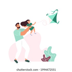 Fathers Day greeting card.Happy father Daddy fly a kite with his child Girl daughter.Bright flat style picture for blogs and social media,greeting cards,prints,poster.Flat vector isolated illustration