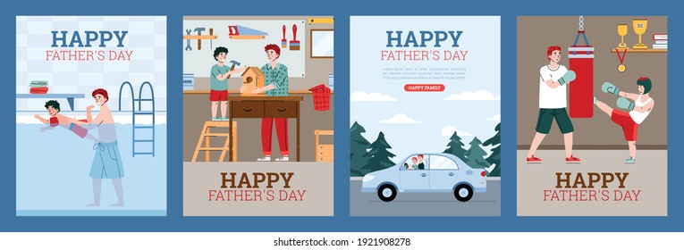 Väter Tag Grußkarten mit Figuren von Vater und Kind, flache Cartoon Vektorgrafik. Setzen Sie Banner für Väter Tag mit dem Mann, der seinem Sohn beibringt, verschiedene Dinge zu tun.