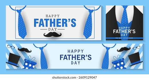 Father's Day greeting cards collection set in modern paper cut love cute style. blue background Fathers Day holiday for greeting banner, fashion ads, poster, flyer, social media, promotion and sale