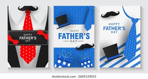 Father's Day greeting cards collection set in modern paper cut love cute style. blue background Fathers Day holiday for greeting banner, fashion ads, poster, flyer, social media, promotion and sale
