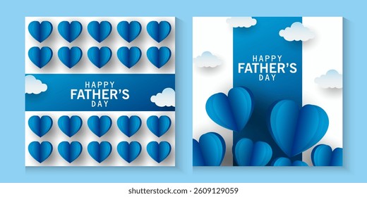 Father's Day greeting cards collection set in modern paper cut love cute style. blue background Fathers Day holiday for greeting banner, fashion ads, poster, flyer, social media, promotion and sale