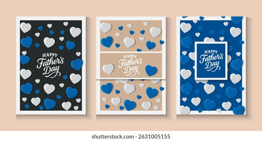 Father's Day greeting cards in modern style. Vector illustration for cover, poster, banner, flyer and social media, fathers day cover with blue and white heart in cute pastel colours and blue.
