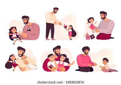 Fathers Day greeting cards Set.Dad play with children son,daughter,girl,boy.Bright flat pictures for blogs,social media,greeting card,print,poster.Flat Vector illustration isolated on white background