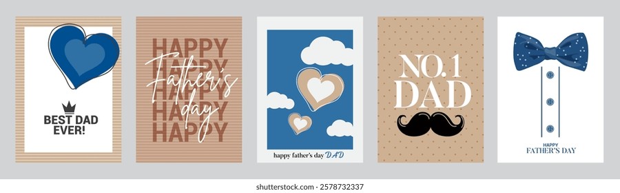 Father's Day greeting cards set in modern flat style. Vector illustration for cover, poster, banner, flyer and social media post.