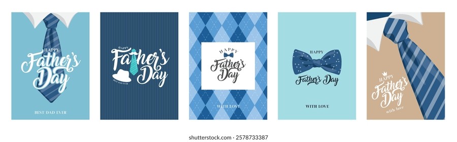 Father's Day greeting cards set in modern flat style in elegant color. Vector illustration for cover, poster, banner, flyer and social media post.