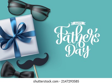 Father's day greeting vector background design. Happy father's day greeting text with gift, mustache, bow tie and sunglasses elements for card decoration. Vector illustration.
