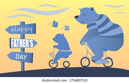 Tarjeta de saludos del día del padre. Ilustración plana vectorial. Padre e niño montan juntos en bicicleta.