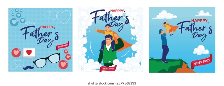 Father's Day greetings featuring family moments. Ideal for cards, advertising or online promotions that embody the spirit of love and gratitude. Father's Day concept. Set flat vector illustrations.