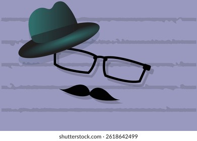 Father's Day greetings with Hat, spectacles, mustache, sitting on wooden table, top view vector illustration design background