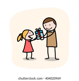 Father's Day, a hand drawn vector doodle illustration of a little girl giving her father a present on Father's Day, isolated on a simple background (editable).