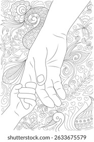 Father's Day Hands Coloring Page, Line art illustration for coloring featuring a child's hand holding an adult's hand, symbolizing fatherhood, love, and connection. Perfect for Father's Day themed