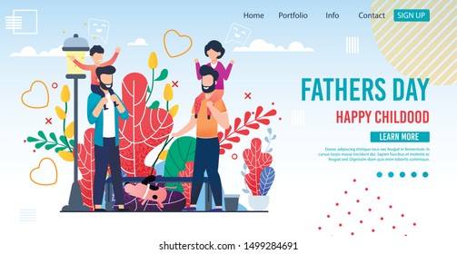 Fathers Day Happy Childhood Flat Design Landing Page. Cartoon People with Children Meeting in City Park. Daddy and Son, Daughter on Shoulders. Lovely Trendy Festive Style. Vector Illustration