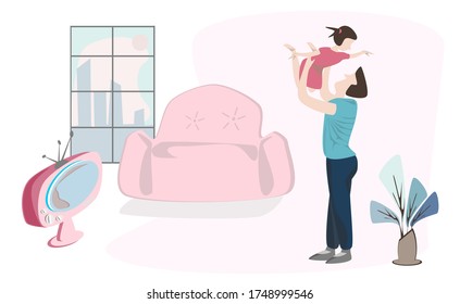 Father's day. happy family Father and daughter playing together in living room at home. Stay home work home keeping distance on quarantine during the coronavirus epidemic. Vector Illustration.