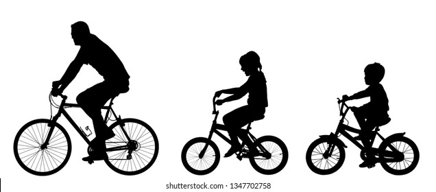 Fathers day, happy family people vector silhouette illustration isolated on white background. Father with son and daughter riding bicycle. Dad with children driving bike. Little boy and girl outdoor.