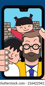 Father's Day Happy Family Selfie Portrait Illustrations