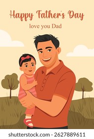 Father's Day. Happy father holding little daughter in his arms. Warm family scene in nature, vector flat illustration with space for text, perfect for Family Day, Children's Day, holiday greetings