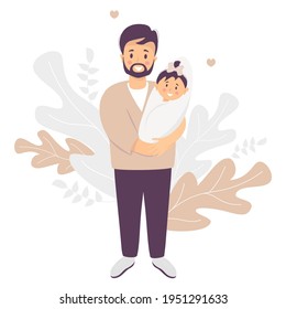 Father's day - Happy father. Smiling Man with a newborn baby girl daughter in his arms. Stands on a decorative background of tropical leaves. Vector illustration. Happy family - young dad and baby 