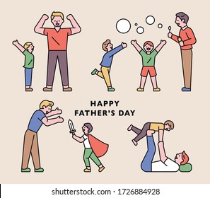 Father's Day, happy moments of dad and son. flat design style minimal vector illustration.