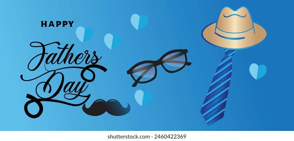  Father's Day, happy fathers day  poster or banner template with necktie and gift box on blue background. Greetings and presents for Father's Day in flat lay styling. shopping template for love dad
