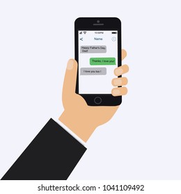 Father's Day. Happy sms on the phone. Happy father. The man holds the phone in his hand. The concept of social network. Communicate by SMS. Vector illustration.