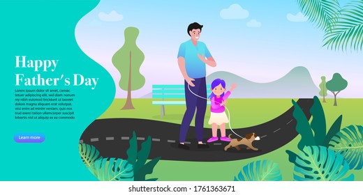 Father's day. Happy young family - father and  daughter walking in park with their dog. Vector illustration. 