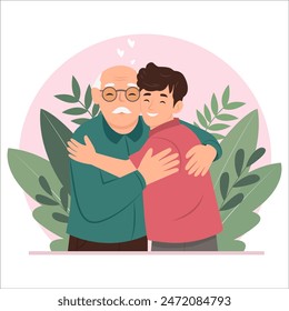 Father's Day. Happy young man hugging her old gfather with love. Mother and son. Portrait of young man  hugging her grandpa. Friendly family relationship. Vector flat illustration