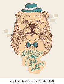 Fathers day hipster greeting card with stylish text 'Father is my first Hero'.
