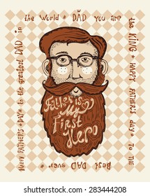 Fathers day hipster greeting card with stylish text 'Father is my first Hero'.