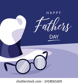 Father's Day. Holiday banner with hat, glasses and text. Flat vector illustration in cartoon style.