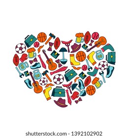 Father`s Day holiday banner in the shape of a heart in doodle style. Men`s lifestyle, sports equipment, clothes and accessories.