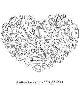 Fathers Day holiday banner in the shape of a heart in doodle style coloring book. Men's lifestyle, sports equipment, clothes and accessories.