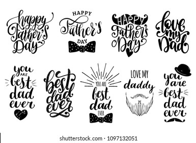 Father's Day Holiday calligraphy collection. Vector set of handwritten phrases and drawn symbols.