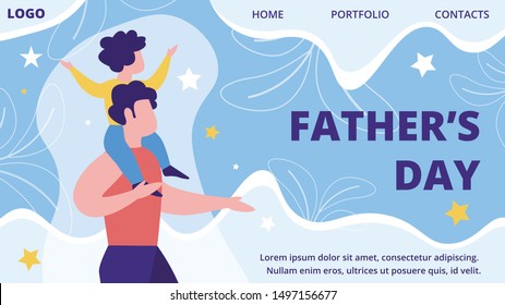 Fathers Day Holiday Celebration Ideas Online Startup Flat Vector Web Banner or Landing Page Template with Son Sitting on Fathers Shoulders, Parent Playing, Spending Time with Child Illustration