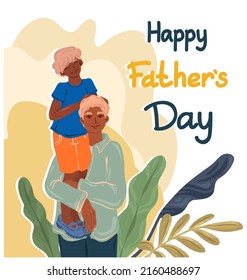 Father's day holiday. Child sits on father's shoulders. Vector illustration. Postcards, stickers , print for t shirt