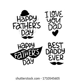 Father's Day holiday illustration set. Hand drawn vector lettering celebration quote with mustache. Unique typography design for sticker, postcard, banner, greetind card, social media