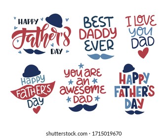 Father's Day holiday illustration set. Hand drawn vector lettering quote with mustache, hat. Happy Father's Day congratulation. Template for poster, greeting card, banner, social media