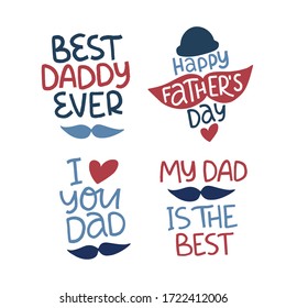 Father's Day holiday illustration set. Hand drawn vector lettering celebration quote with mustache, hat. Unique typography design for sticker, postcard, banner, greeting card, social media