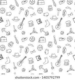 Fathers Day holiday seamless pattern in doodle style for coloring book. Men's lifestyle, sports equipment, clothes and accessories.